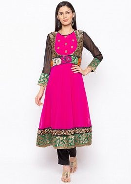 Pink Georgette Embroidered Long Kurta