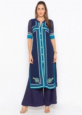 Navy Blue Georgette Embroidered Long Kurta
