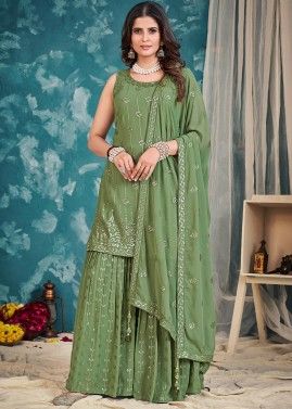 Green Embroidered Sharara Suit Set In Georgette