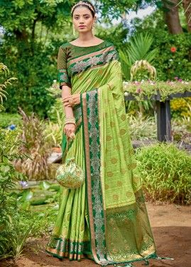 Green Zari Woven Banarasi Silk Saree With Blouse