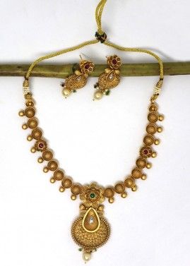 Bead Studded Necklace Set In Golden Tone