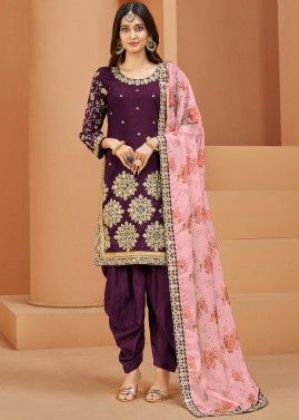 Purple Mirror Embroidered Patiala Suit