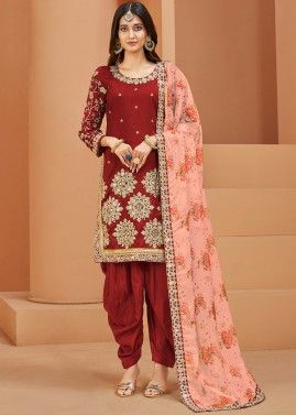 Red Embroidered Punjabi Suit In Art Silk
