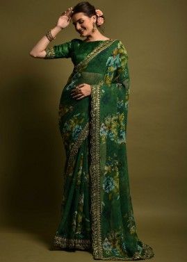 Green Floral Print Saree With Georgette Blouse