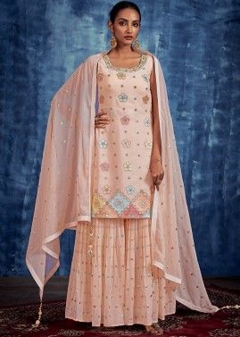 Peach Georgette Embroidered Sharara Suit Set
