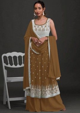 Brown Thread Embroidered Palazzo Suit Set