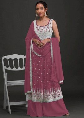 Pink Embroidered Georgette Palazzo Suit