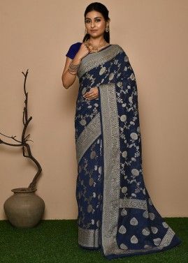 Navy Blue Banarasi Georgette Saree In Woven Design