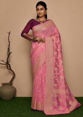 Pink Banarasi Georgette Woven Saree