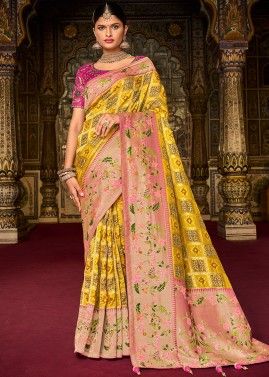 Yellow Silk Saree With Bhandej Print Motifs