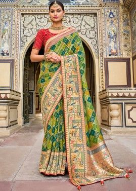Shaded Green Bhandej Print Saree With Silk Blouse