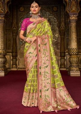 Green Traditional Zari Woven Saree With Heavy Blouse