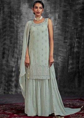 Readymade Green Embroidered Georgette Sharara Suit