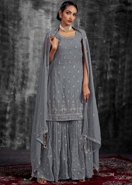 Grey Readymade Embroidered Sharara Style Suit