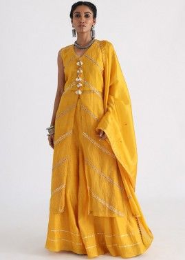 Yellow Embroidered Slit Style Suit Set In Art Silk