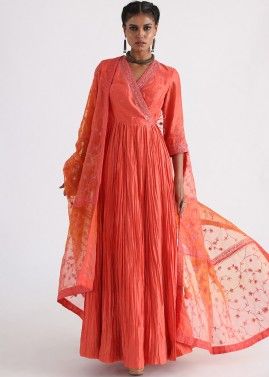 Orange Anarkali Style Suit In Chanderi