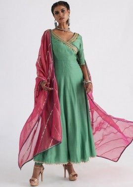 Green Anarkali Style Suit Set In Silk