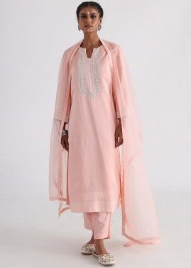 Pink Embroidered Linen Pant Suit Set