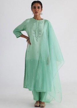 Green Art Silk Embroidered Pant Suit Set