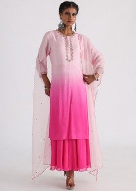 Pink Shaded Pant Suit Set In Art Silk
