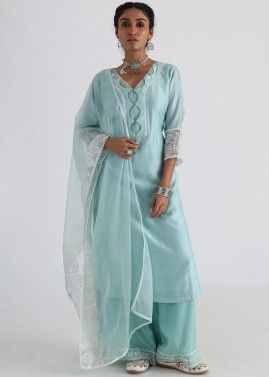 Blue Embroidered Chanderi Pant Suit Set