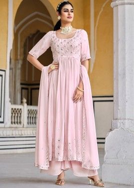 Readymade Pink Embroidered Palazzo Suit In Georgette