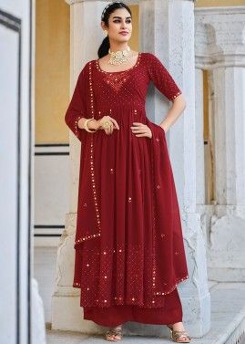 Red Readymade Embroidered Palazzo Suit Set