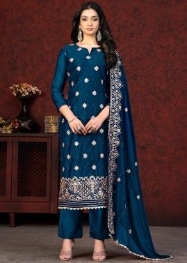 Blue Embroidered Chanderi Pant Suit Set
