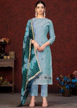 Blue Embroidered Pant Suit Set In Chanderi