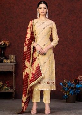 Beige Embroidered Chanderi Pant Suit Set