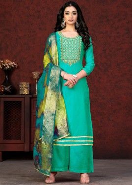 Blue Embroidered Pant Suit Set In Chanderi