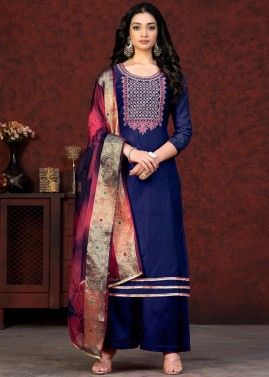 Blue Straight Cut Embroidered Suit Set