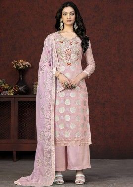 Pink Woven Work Palazzo Suit Set