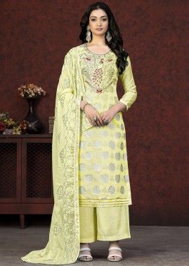 Yellow Embroidered Suit Set In Jacquard