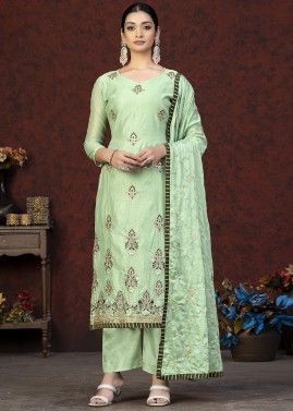 Green Embroidered Chanderi Palazzo Suit Set