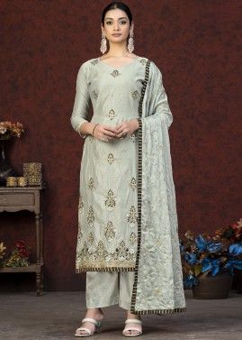 Grey Embroidered Chanderi Suit Set