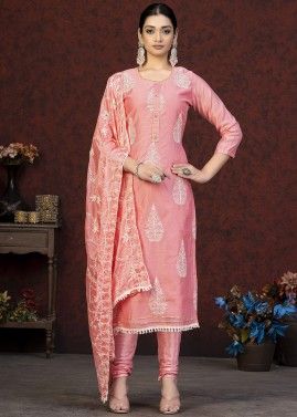 Pink Embroidered Palazzo Suit Set In Chanderi