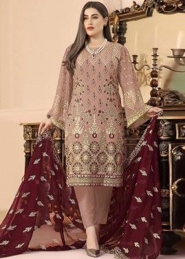 Pink Georgette Embroidered Pant Suit Set
