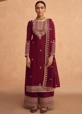 Magenta Georgette Embroidered Tiered Sharara Suit