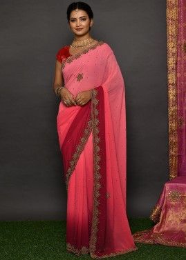 Shaded Peach & Red Georgette Embroidered Saree
