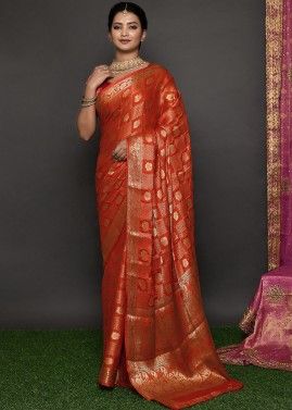 Orange Kanjivaram Silk Woven Saree With Blouse