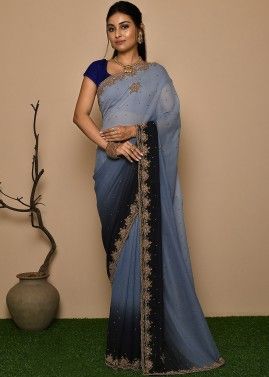 Shaded Grey & Black Embroidered Border Georgette Saree