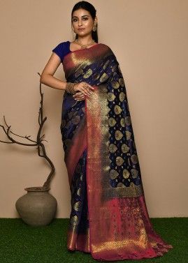 Navy Blue Kanjivaram Silk Saree With Woven Pallu