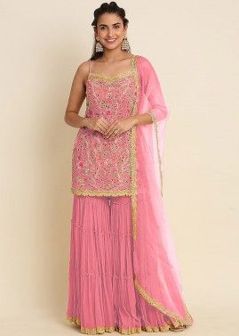 Pink Embroidered Sharara Style Suit & Dupatta