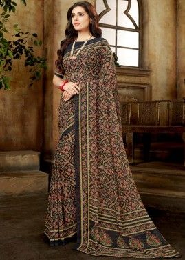 Black Georgette Floral Print Saree With Blouse