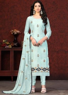 Blue Embroidered Suit Set In Chanderi