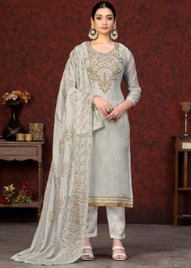 Grey Embroidered Chanderi Suit Set