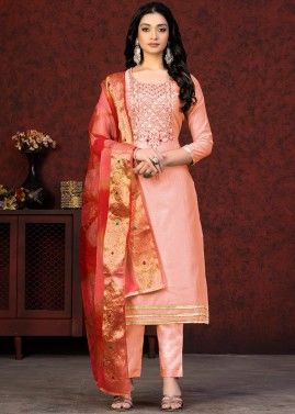 Peach Embroidered Pant Suit Set