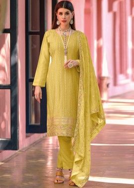 Yellow Embroidered Pant Suit In Chiffon