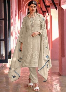 Beige Thread Embroidered Pant Suit Set